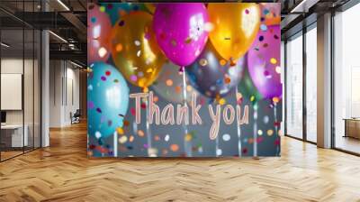 Bright and colorful Thank you with balloons and confetti in a celebratory theme Wall mural