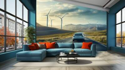 Car drives along a mountain road against the backdrop of wind turbines. Alternative energy for the car. An electric car against the backdrop of wind turbine farms - Generative AI Wall mural