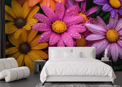 Close up of a bunch of bright colourful flowers with water droplets Wall mural