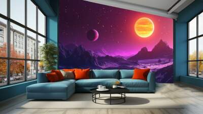 Colorful planets orbiting a distant sun in a cosmic landscape Wall mural