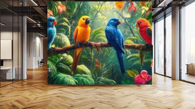 Colorful tropical birds perched on branches in a lush rainforest Wall mural