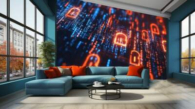 Cybersecurity background with abstract data encryption keys, secure connections, and binary digits Wall mural