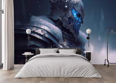 Fantasy concept art of an ice dark knight holding a sword in armor. Winter dark background Wall mural