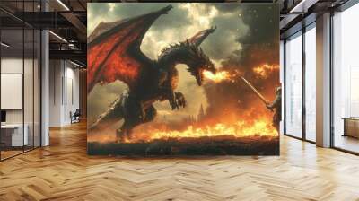 Fire-breathing dragon battling a knight in shining armor under a stormy sky Wall mural