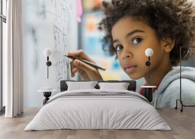 Focused student solving math problems on a whiteboard in a study session Wall mural