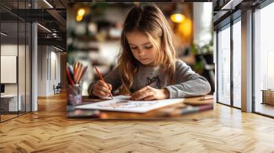 Girl concentrating while drawing a picture on a sketch pad Wall mural