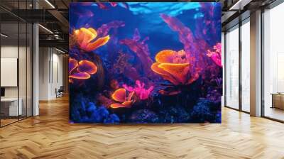 Glowing bioluminescent plants in a vibrant underwater coral reef Wall mural