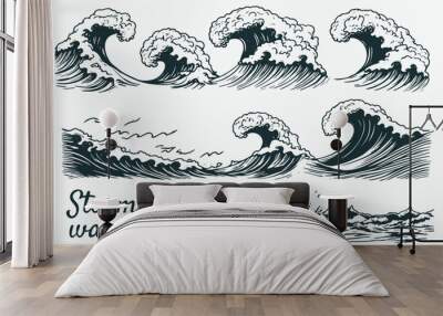 Hand-drawn vector set of ocean waves, including storm waves, tides, and beach waves, in a vintage sketch style Wall mural