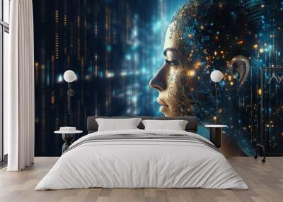 human big data visualization. Futuristic artificial intelligence concept. Aesthetic cyber mind design. machine learning. Complex data streams in the form of a head and binary data Wall mural