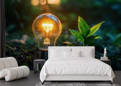 Light bulb with green plant symbolizing eco-friendly energy and sustainability Wall mural