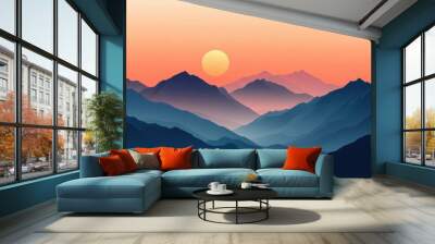 Minimalist sunset over a mountain range with soft gradients and silhouettes Wall mural