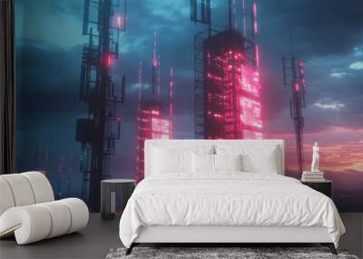 Mobile signal towers with futuristic holographic visuals symbolizing data transmission and tech progress Wall mural