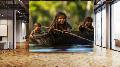 Native indigenous Orinoco children swimming in traditional wooden canoe Wall mural