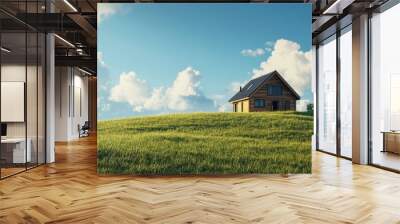 Nordic house exterior on grassy knoll under blue sky 3D render Wall mural