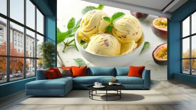 Passion fruit cheesecake ice cream with a scoop Wall mural