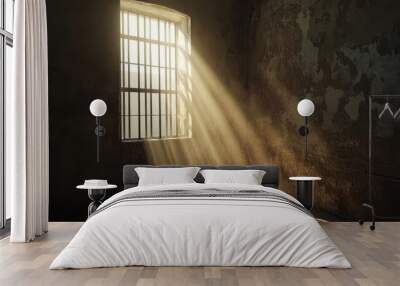 Prison cell with sunlight through window bars 3D render Wall mural