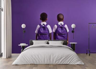 Rear back view photo of two african people kids go school wear backpack uniform isolated violet color background - generative ai Wall mural