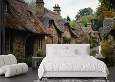 Stone cottages with thatched roofs in a peaceful medieval fantasy village Wall mural