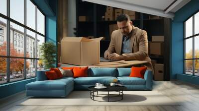 Stressed businessman receive fired letter from company and packing belongings and files into brown cardboard box, changing and resigning from work concept Wall mural