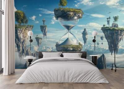 Surreal landscape with a giant hourglass surrounded by floating islands Wall mural