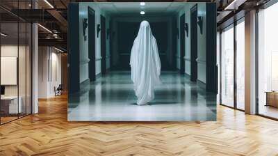 The man is in white clothes and shows a scary looking face at a creepy hotel corridor, look like ghost in night for Halloween Festival concept Wall mural