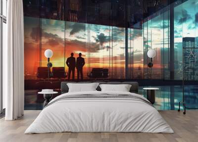 two men looking out a window at sunset Wall mural