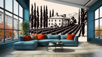 Vintage engraving-style illustration of a villa with cypress trees, vineyards, and rural landscape, perfect for wineries and wine shops Wall mural