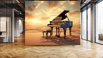 Vintage grand piano at sunset in desert. Sand and sky Wall mural