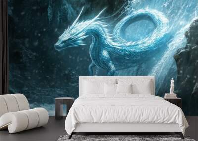 Water dragon with blue and silver scales swimming through a mystical waterfall Wall mural