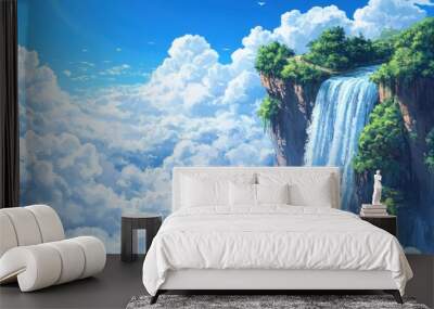 Whimsical landscape featuring a waterfall flowing upwards into the clouds Wall mural