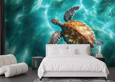 Whimsical scene of a turtle swimming in a clear blue sea Wall mural