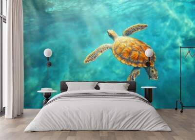 Whimsical scene of a turtle swimming in a clear blue sea Wall mural