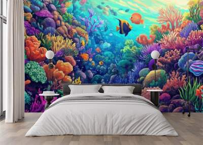 Whimsical travel poster of a vibrant coral reef teeming with marine life Wall mural