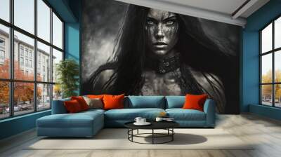 Young female warrior with long black hair Wall mural