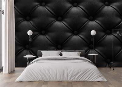 Stylish soft black leather upholstery of sofa. Black material is decorated with leather buttons. Wall mural