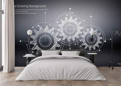 Technical drawing of gears on a black background.Engineering Technology Project. Industrial mechanics Vector illustration.	 Wall mural