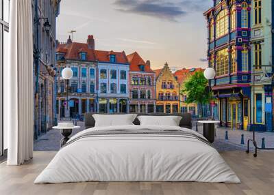 Vieux Lille old town quarter with empty narrow cobblestone street, paving stone square with old colorful buildings in historical city centre, French Flanders, Hauts-de-France Region, Northern France Wall mural