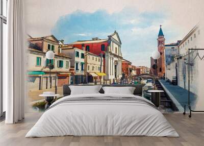 Watercolor drawing of Chioggia cityscape with narrow water canal Vena with moored multicolored boats, Chiesa dei Filippini church Wall mural