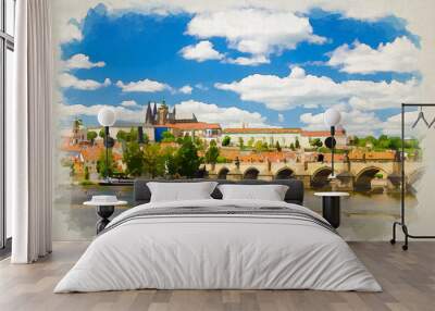 Watercolor drawing of View of Prague old town, historical center with Prague Castle, St. Vitus Cathedral Wall mural