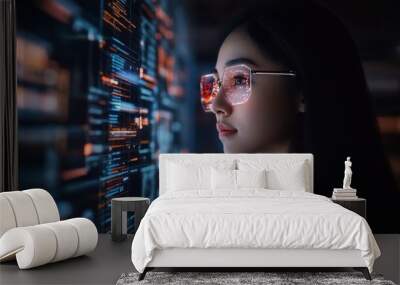 Woman coding focus software hologram cyber security night digital data development future technology innovation design Wall mural