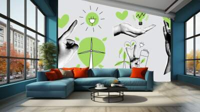  The concept of ESG - Environmental, social, and corporate governance. Green business and technology set. Vector illustration in retro style.  Wall mural