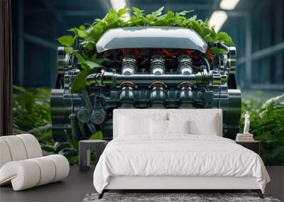 A car engine on white background with green leaves Wall mural