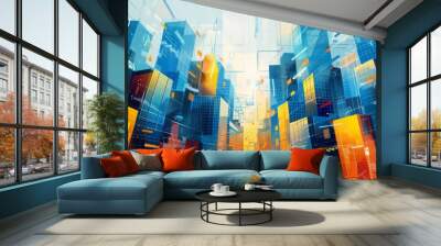 A cutting-edge business banner portrays modern enterprises with sleek office buildings and innovative technology, epitomizing progress and sophistication Wall mural