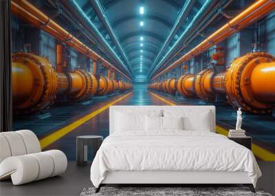 A futuristic, endless hallway with a sleek industrial design featuring long pipes running along both sides, brightly lit with a clean, sterile atmosphere Wall mural