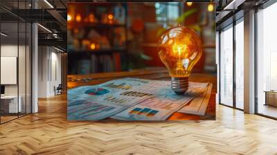 A glowing light bulb sits on a digital stock market background with colorful graphs and charts, symbolizing innovation and financial insight Wall mural