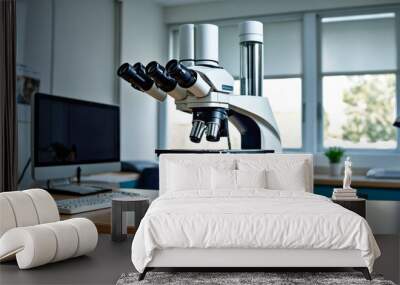 A modern digital trinocular microscope stands on a laboratory table, surrounded by glassware, ready for scientific research Wall mural