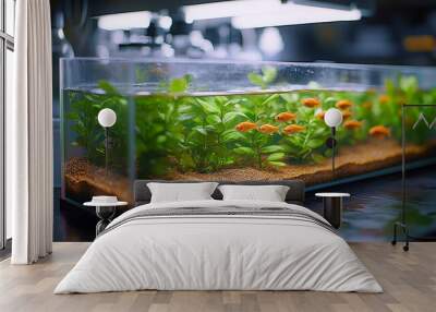 A small laboratory aquarium filled with vibrant plants and colorful fish, showcasing aquatic life Wall mural