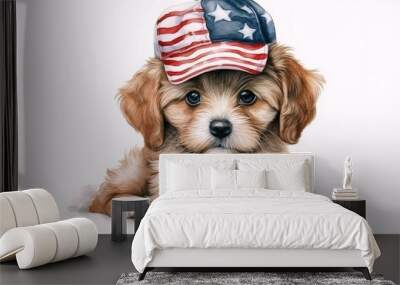 A small puppy sits in a hat the color of the American flag. Concept postcard with a dog for USA Independence Day. AI generated Wall mural