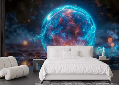 Abstract blue energy particle sphere glowing electric magical futuristic high-tech space Wall mural