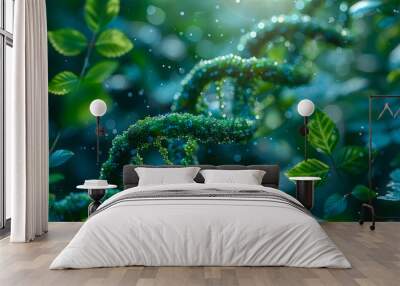 Abstract green eco natural technology dna with rain drops and plants. Macro. Futuristic background with glowing particles Wall mural